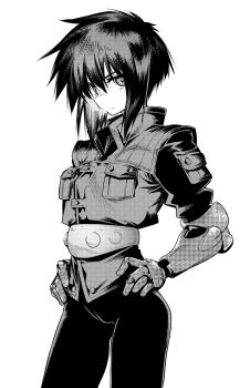 10mo 1girl armor closed_mouth commentary_request cowboy_shot ghost_in_the_shell greyscale hair_between_eyes hands_on_own_hips high_collar highres kusanagi_motoko light_blush looking_at_viewer monochrome pants pouch shirt short_hair simple_background solo standing vest