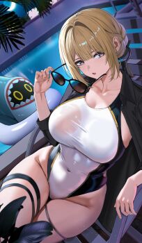 1girl black_jacket black_one-piece_swimsuit blonde_hair breasts collarbone competition_swimsuit covered_navel dutch_angle evelyn_chevalier gaitoou highleg highleg_one-piece_swimsuit highres holding holding_removed_eyewear jacket jacket_on_shoulders large_breasts looking_at_viewer mole mole_under_eye one-piece_swimsuit open_mouth poolside purple_eyes removing_eyewear sharkboo_(zenless_zone_zero) sidelocks sitting solo sunglasses swimsuit unworn_eyewear white_one-piece_swimsuit zenless_zone_zero