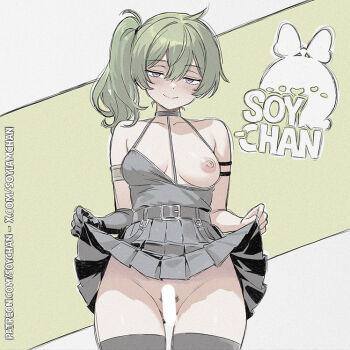 1girl belt black_belt black_dress black_gloves breasts censored clothes_lift commentary dress dress_lift elbow_gloves english_commentary female_pubic_hair gloves green_hair lifting_own_clothes looking_at_viewer medium_breasts nipples one_breast_out out-of-frame_censoring pubic_hair purple_eyes pussy pussy_peek side_ponytail single_elbow_glove smile solo sousou_no_frieren soy-chan ubel_(sousou_no_frieren)