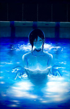 1girl absurdres black_choker black_hair breasts chainsaw_man choker closed_mouth green_eyes hair_between_eyes highres i&#039;ll_teach_you_everything_(chainsaw_man) looking_at_viewer nude partially_submerged pool r_(euvt8452) reze_(chainsaw_man) skinny_dipping small_breasts smile solo water