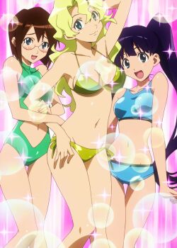 00s 3girls anime_screenshot arm_up bare_shoulders bikini bikini_shorts bishie_sparkle blonde_hair blue_bikini blush breasts brown_hair bubble cleavage clothing_cutout glasses gold_bikini green_one-piece_swimsuit kinon_bachika kiyal_bachika kiyoh_bachika large_breasts long_hair medium_breasts multiple_girls navel navel_cutout one-piece_swimsuit open_mouth purple_hair short_hair shorts siblings side-tie_bikini_bottom sisters small_breasts smile sparkle standing stitched swimsuit tankini tengen_toppa_gurren_lagann thigh_gap third-party_edit