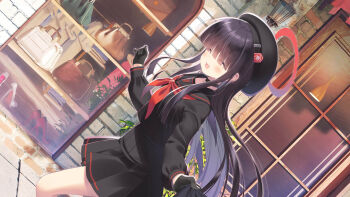 1girl :d beret black_choker black_gloves black_hair black_hat black_sailor_collar black_serafuku black_skirt blue_archive blunt_bangs blush breasts choker closed_eyes curled_fingers day dutch_angle feet_out_of_frame floating_hair from_side gloves hair_over_eyes halo hands_up happy hat highres holding justice_task_force_member_(blue_archive) long_hair long_sleeves miniskirt neckerchief official_art open_mouth outdoors pavement pleated_skirt pov red_eyes red_halo red_neckerchief sailor_collar santa_matsuri school_uniform serafuku sidelocks skirt small_breasts smile solo_focus trinity_general_school_logo w_arms walking