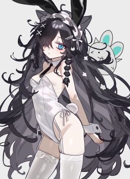 Rule 34 | 1girl, absurdres, black hair, blue eyes, collar, detached collar, ebora, garter straps, hair ornament, hair over one eye, highres, kasli (nyanko daisensou), leotard, long hair, nyanko daisensou, playboy bunny, rabbit hair ornament, solo, thighhighs, very long hair, white leotard, white thighhighs