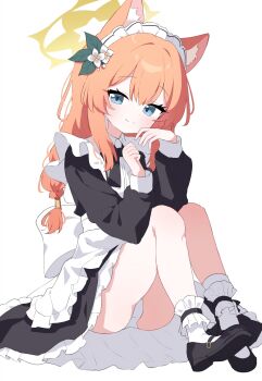 1girl animal_ears apron auto_ins black_dress blue_archive blue_eyes cat_ears coat commentary_request dress flower halo highres loli maid maid_apron maid_headdress mari_(blue_archive) mary_janes orange_hair panties pantyshot shoes short_twintails smile twintails underwear white_coat white_dress