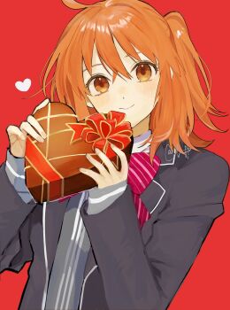 Rule 34 | 1girl, absurdres, ahoge, black jacket, bow, candy, chocolate, chocolate heart, commentary, fate/grand order, fate (series), food, fujimaru ritsuka (female), heart, heart-shaped food, highres, jacket, looking at viewer, medium hair, one side up, orange eyes, orange hair, side ponytail, smile, untranslatable commentary, urtk07, valentine