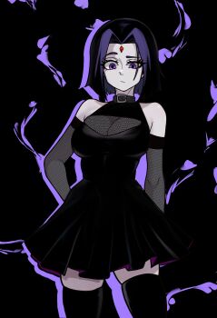 1girl absurdres ai-assisted black_dress black_thighhighs collar dc_comics dress fishnet_sleeves fishnets forehead_jewel highres medium_hair multicolored_hair purple_eyes raven_(dc) redpostit thighhighs two-tone_hair zettai_ryouiki