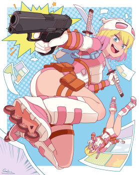1girl absurdres asymmetrical_dual_wielding backpack bag belt_pouch blonde_hair breasts commentary dual_wielding galois gun gwenpool halftone halftone_background handgun highres holding holding_gun holding_sword holding_weapon inline_skates katana large_breasts marvel mask mask_on_head medium_breasts multicolored_hair open_mouth pink_hair pouch roller_skates round_teeth signature skates smile sword sword_on_back teeth thigh_pouch two-tone_hair weapon weapon_on_back