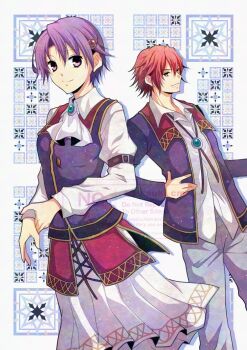 1boy 1girl ascot brooch curtained_hair eiyuu_densetsu formal_clothes green_eyes jewelry kloe_rinz lechter_arundel parted_bangs purple_eyes purple_hair red_hair satsuki_(chaosmode) sen_no_kiseki_(series) short_hair simple_background sora_no_kiseki suit white_ascot