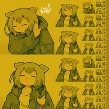 1girl :3 :c closed_eyes closed_mouth commentary drakeposting_(meme) facing_viewer hand_up highres hood hood_down hooded_jacket jacket long_sleeves meme multiple_views nikamoka open_clothes open_hand open_jacket pointing pointing_at_viewer shirt short_hair smile twitter_username upper_body voicevox white_shirt zundamon