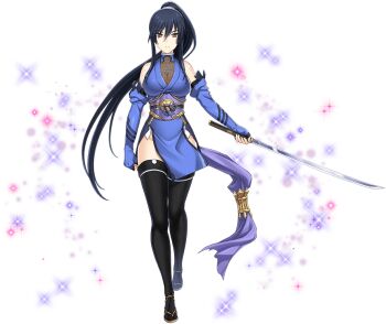 Rule 34 | 1girl, black hair, black thighhighs, breasts, brown eyes, choukou (alicesoft), choukou sennin haruka, closed mouth, detached sleeves, elbow gloves, fingerless gloves, fishnets, full body, gloves, hair between eyes, high ponytail, holding, holding sword, holding weapon, japanese clothes, katana, large breasts, long hair, looking at viewer, magical girl, ninja, obi, official art, onigirikun, otogi frontier, ponytail, sandals, sash, second-party source, solo, sparkle, standing, subaru (choukou sennin haruka), sword, tabi, tachi-e, thighhighs, transparent background, variant set, very long hair, weapon