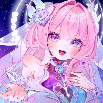 1girl absurdres aqua_hair bare_shoulders breasts bridal_veil commentary_request cyrene_(honkai:_star_rail) cyrene_(ripples_of_past_reverie)_(honkai:_star_rail) diamond-shaped_pupils diamond_(shape) dress earrings flower hair_flower hair_ornament halo highres honkai:_star_rail honkai_(series) jewelry large_breasts long_hair looking_at_viewer madogyy multicolored_hair pink_hair pointy_ears purple_eyes sky solo star_(sky) starry_sky symbol-shaped_pupils veil very_long_hair white_dress white_hair