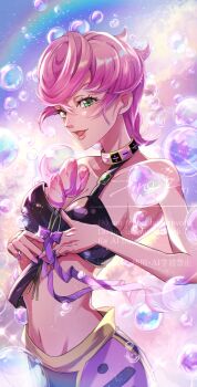 1girl :d absurdres bare_arms bare_shoulders black_choker black_tube_top bow breasts bubble choker cleavage collarbone commentary_request crop_top flower green_eyes highres holding holding_flower jojo_no_kimyou_na_bouken looking_at_viewer medium_breasts midriff multicolored_choker nail_polish navel open_mouth pink_choker pink_flower pink_hair pink_nails pink_skirt purple_bow rainbow short_hair skirt smile solo strapless trish_una tube_top vento_aureo watawata_nr_(siroraku) yellow_choker