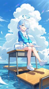 Rule 34 | 1girl, :d, absurdres, arona (blue archive), blue archive, blue eyes, blue hair, blue halo, blue shirt, blue sky, blush, bow, bow hairband, bowtie, braid, chair, chaoji da yuwan, character name, chinese commentary, choker, cloud, cloudy sky, colored inner hair, commentary, cumulonimbus cloud, day, desk, full body, gun, hair ornament, hair over one eye, hairband, halo, highres, holding, holding gun, holding umbrella, holding weapon, long sleeves, looking at viewer, multicolored hair, ocean, on desk, open mouth, outdoors, pink hair, pleated skirt, puffy long sleeves, puffy sleeves, sailor collar, school chair, school desk, school uniform, serafuku, shirt, shoes, short hair, side braid, single braid, sitting, skirt, sky, smile, sneakers, solo, sparkle, two-tone hair, umbrella, umbrella gun, water, weapon, white bow, white bowtie, white choker, white hairband, white sailor collar, white shoes, white skirt