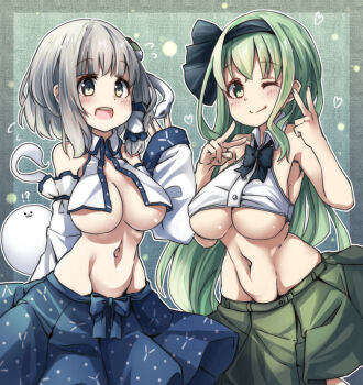 Rule 34 | !?, 2girls, :d, ;), adapted costume, alternate breast size (larger), black bow, black bowtie, black hairband, black skirt, blue skirt, blush, bow, bow hairband, bowtie, breast curtains, breasts, collared shirt, commentary, cosplay, costume switch, cowboy shot, crop top, detached sleeves, double strap slip, frog hair ornament, green background, green eyes, green hair, green skirt, grey hair, groin, hair ornament, hair tubes, hairband, heart, heart background, highres, hip bones, hip dips, hitodama, kochiya sanae, kochiya sanae (cosplay), konpaku youmu, konpaku youmu (cosplay), konpaku youmu (ghost), large breasts, long hair, looking at viewer, lowleg, lowleg skirt, medium breasts, miniskirt, multiple girls, navel, no bra, nontraditional miko, one eye closed, open mouth, pegashi, pleated skirt, shirt, short hair, single hair tube, single sidelock, skirt, sleeveless, sleeveless shirt, sleeves past wrists, smile, snake hair ornament, stomach, strap slip, toned, toned female, touhou, underboob, white shirt, white sleeves, wide sleeves, wispy bangs