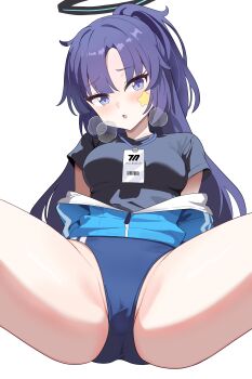 1girl absurdres allen_(user_rtdw8823) blue_archive blue_buruma blue_eyes blue_hair blue_halo blush breasts buruma halo highres id_card large_breasts long_hair looking_at_viewer official_alternate_costume shirt short_sleeves simple_background solo spread_legs t-shirt thighs white_background yuuka_(blue_archive) yuuka_(track)_(blue_archive)