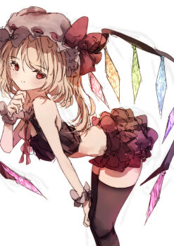1girl alternate_costume blonde_hair bow brown_thighhighs closed_mouth commentary_request crop_top crystal crystal_wings feet_out_of_frame flandre_scarlet grey_hat hat hat_bow highres leaning_forward looking_at_viewer midriff mob_cap multicolored_wings natsume_suzuri one_side_up red_bow red_eyes red_skirt simple_background skirt smile solo thighhighs touhou white_background wings wrist_cuffs