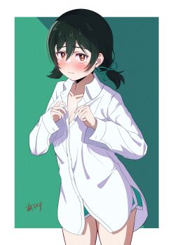 1girl absurdres black_hair blush breasts cleavage collarbone collared_shirt commentary_request cowboy_shot dolphin_shorts dress_shirt embarrassed green_ribbon green_shorts hair_between_eyes hair_ribbon highres ice_compass0610 long_sleeves love_live! love_live!_nijigasaki_high_school_idol_club low_twintails medium_breasts medium_hair mifune_shioriko nose_blush official_alternate_costume orange_eyes oversized_clothes oversized_shirt partial_commentary ribbon shirt short_shorts short_twintails shorts signature solo tokimeki_no_mirai_chizu twintails white_shirt