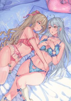 Rule 34 | 2girls, absurdres, ahoge, arm ribbon, armband, blue bow, blue bra, blue eyes, blue pants, blue ribbon, bow, bow legwear, bow panties, bra, breasts, brown eyes, choker, cleavage, clothing cutout, collarbone, commentary, commission, english commentary, eye contact, feet out of frame, frilled armband, frilled choker, frilled garter belt, frilled thigh strap, frills, garter straps, grey hair, hair ribbon, hand on another's hip, hands on own chest, heart cutout, highres, knee up, lace, lace-trimmed bra, lace-trimmed panties, lace trim, light blush, light brown hair, long hair, looking at another, lying, medium breasts, mixed-language commentary, multiple girls, navel, on back, on side, original, own hands together, panties, pants, parted lips, phantasy star, phantasy star online 2, pink armband, pink bra, pink choker, pink garter belt, pink garter straps, pink panties, pink ribbon, ponytail, psd available, ribbon, sidelocks, skeb commission, socks, thigh strap, thighhighs, tongue, tongue out, underwear, uni (melm), very long hair, wavy hair, white socks, white thighhighs, yuri