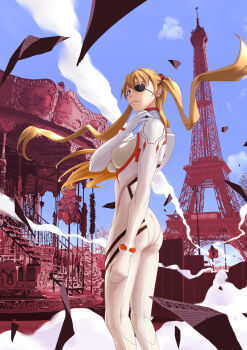 1girl ass blue_eyes blue_sky bodysuit breasts brown_hair carousel curvy eiffel_tower evangelion:_3.0+1.0_thrice_upon_a_time floating_hair hair_ornament highres interface_headset_(evangelion) kondosan leg_lift legs_apart long_hair long_sleeves looking_at_viewer looking_to_the_side mecha_pilot_suit medium_breasts neon_genesis_evangelion outdoors plugsuit_(evangelion) rebuild_of_evangelion simple_background skin_tight sky solo souryuu_asuka_langley turtleneck twintails very_long_hair white_background white_bodysuit wide_hips
