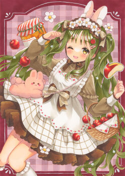 1girl ;d angel angel_wings arms_up bag black_bow black_skirt black_thighhighs blush bow commission feathered_wings frilled_skirt frills garter_straps grey_hair hair_ornament hairclip halo handbag heart heart_hands highres jirai_kei long_hair long_sleeves looking_at_viewer maripori marker_(medium) one_eye_closed open_mouth original pink_shirt puffy_long_sleeves puffy_sleeves purple_eyes sensitive shirt shoulder_bag skirt smile solo thighhighs traditional_media white_wings wings