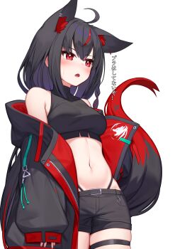 1girl absurdres ahoge animal_ear_fluff animal_ears black_hair black_jacket black_shirt black_shorts blush braid breasts crop_top deaver earrings extra_ears fox_ears fox_girl fox_tail hair_between_eyes highleg highleg_panties highres hololive jacket jewelry kurokami_fubuki long_hair looking_away multicolored_hair navel open_clothes open_jacket open_mouth panties pentagram red_eyes red_hair shirt short_shorts shorts sidelocks simple_background single_braid sleeveless sleeveless_turtleneck sleeveless_turtleneck_crop_top small_breasts solo streaked_hair tail thigh_strap translation_request turtleneck turtleneck_crop_top underwear virtual_youtuber white_background