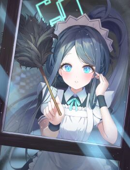 1girl absurdres apron aris_(blue_archive) aris_(maid)_(blue_archive) black_dress blue_archive blue_ribbon blush cleaning cleaning_windows collared_dress dress duster feather_duster frilled_apron frills halo hand_on_own_face hands_up highres holding indoors long_hair looking_at_viewer maid_apron maid_headdress official_alternate_costume parted_lips ponytail ribbon short_sleeves solo upper_body very_long_hair wan_du29 white_apron window wristband