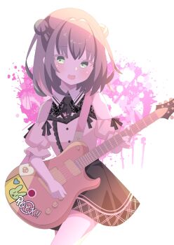 Rule 34 | 1girl, 9ra4ki33, :d, absurdres, animal print, bare shoulders, black hair, black necktie, black skirt, blush, center frills, colored eyelashes, commentary request, cowboy shot, double bun, frilled shirt, frills, green eyes, guitar, hair between eyes, hair bun, hair intakes, happy, high-waist skirt, highres, holding, holding guitar, holding instrument, instrument, jirai kei, limelight lemonade jam, looking at viewer, medium hair, nabari anju, necktie, off-shoulder shirt, off shoulder, open mouth, pink shirt, print necktie, puffy short sleeves, puffy sleeves, rabbit print, shirt, short necktie, short sleeves, simple background, skirt, smile, solo, teeth, upper teeth only, white background