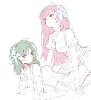 2girls bang_dream! bang_dream!_our_notes blush closed_mouth commentary english_commentary flower green_hair grey_eyes hair_flower hair_ornament highres izumi_houka kotohira_nagi long_sleeves multiple_girls pink_hair purple_eyes roro_(roromiie206) simple_background sketch white_background yuri