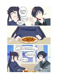 1boy 1girl absurdres alternate_costume alternate_universe aqua_eyes arm_rest arrow_(symbol) artist_name averting_eyes black_hair black_hood black_hoodie black_ribbon black_shirt black_sleeves blunt_bangs blunt_ends casual clenched_hand closed_mouth collar collared_shirt contemporary crossed_arms english_text fingernails food food_request fork genshin_impact genshinribu green_collar grey_eyes grey_jacket grey_sleeves hair_between_eyes hair_ribbon hand_up head_tilt highres holding holding_fork hood hood_down hoodie indoors jacket lapels left-to-right_manga long_hair long_sleeves looking_at_food looking_to_the_side looking_up mona_(genshin_impact) motion_lines open_mouth parted_bangs plate red_ribbon ribbon rolling_eyes scaramouche_(genshin_impact) shirt sidelocks sitting sound_effects speech_bubble split_mouth table teeth twintails upper_teeth_only wispy_bangs