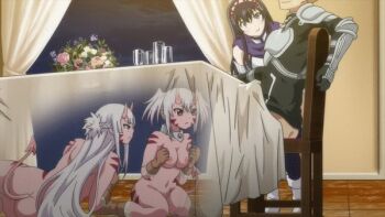 1boy animated animated_gif anime_screenshot ass breasts lisa_alpacas mimi_alpacas monster_girl nipples peter_grill_to_kenja_no_jikan table table2girls