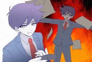 1boy antenna_hair belt black_belt blue_pants blue_suit blush bossman_hero collared_shirt double-parted_bangs formal_clothes hair_between_eyes hashtag-only_commentary hero_(headspace)_(omori) hero_(omori) highres holding holding_pen long_sleeves looking_at_viewer male_focus necktie omori open_mouth pants paper pen pinstripe_pants pinstripe_pattern pinstripe_suit purple_hair red_necktie shirt short_hair smile solo suit teeth true_erg upper_teeth_only white_eyes white_shirt