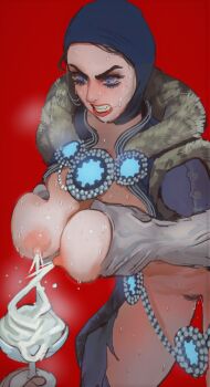 black_eyeshadow breasts breasts_out cape eyeshadow food fur_cape grabbing_another&#039;s_breast grabbing_from_behind groping highres hydrokinesis ice_cream jewelry katarin_bokha lactation makeup mossacannibalis warhammer_fantasy water
