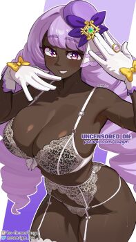 1girl areola_slip armpits blush bow bra breasts bright_pupils cameltoe cowboy_shot dark-skinned_female dark_skin drill_hair fascinator garter_belt garter_straps glove_bow gloves grin hands_up highres huge_breasts jacinthe_(pokemon) ko-fi_logo ko-fi_username lace lace_bra lace_garter_belt lace_panties laz_gm lingerie long_hair looking_at_viewer low_drills lowleg lowleg_panties nintendo paid_reward_available panties patreon_username pokemon pokemon_legends:_z-a purple_background purple_eyes purple_hair see-through_bra see-through_clothes see-through_panties skindentation smile solo sweat swept_bangs thick_thighs thighhighs thighs twitter_logo twitter_username underwear very_dark_skin very_long_hair white_background white_bra white_garter_belt white_garter_straps white_gloves white_panties white_pupils white_thighhighs wide_hips yellow_bow