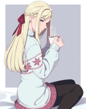 1girl black_pants black_pantyhose blonde_hair border braid christmas_sweater closed_mouth crown_braid cup enelous feet_out_of_frame food gigi_andalusia green_eyes grey_background gundam gundam_hathaway's_flash hair_ribbon highres holding holding_cup hot_chocolate kneeling long_hair marshmallow nail_polish pants pantyhose red_nails red_ribbon ribbon sidelocks solo steaming_cup straight_hair sweater turtleneck turtleneck_sweater white_border white_sweater