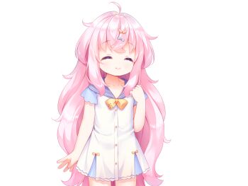 1girl ahoge blue_sailor_collar blue_sleeves bow bowtie buttons closed_eyes closed_mouth cowboy_shot crossed_bangs dot_nose dress game_cg hand_up harem_futago_lolita large_variant_set long_hair non-web_source pink_hair sailor_collar sailor_dress short_dress short_sleeves simple_background smile solo standing tachi-e tomari_(harem_futago_lolita) transparent_background usashiro_mani variant_set white_dress yellow_bow yellow_bowtie