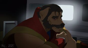 1boy animal_ears beard closed_mouth commentary dated dispatch dog_boy dog_ears english_commentary facial_hair furrification furry furry_male goatee_stubble highres male_focus milk475130 muscular muscular_male phenomaman shirt signature sleeveless sleeveless_shirt stubble upper_body