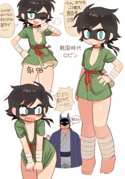 1boy 1girl ;d bandaged_arm bandages barefoot batman batrobin_k black_hair blue_eyes blush choker dc_comics domino_mask eye_mask fang flat_chest hand_on_own_hip highres japanese_clothes korean_text looking_at_viewer mask multiple_views one_eye_closed open_mouth original red_choker robin_(batrobin_k) simple_background skin_fang smile speech_bubble standing sweatdrop translation_request white_background
