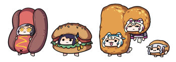 5girls absurdres animal_ears asymmetrical_horns black_hair blonde_hair blue_hair burger_costume chibi chibi_only closed_mouth dog_ears dog_tail fuwawa_abyssgard grey_hair hashtag-only_commentary highres hololive hololive_english horn_ornament horns hot_dog_costume jacket jitome keenbiscuit koseki_bijou mococo_abyssgard mococo_abyssgard_(1st_costume) multicolored_hair multiple_girls nerissa_ravencroft pink_hair purple_hair shiori_novella simple_background split-color_hair tail tater_tots two-tone_hair virtual_youtuber white_background yellow_eyes