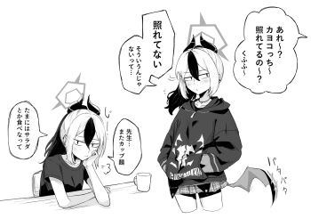 1girl bare_legs black_hair black_hoodie black_horns black_shirt blue_archive closed_mouth commentary_request cup grey_background hand_in_pocket highres hood hoodie horns kayoko_(blue_archive) multicolored_hair ponytail sanpaku shirt simple_background single_wing skirt solo speech_bubble suecovsky t-shirt table two-tone_hair white_background white_hair wings