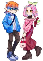 Rule 34 | 1boy, 1girl, bag, blue eyes, blue hair, blue jacket, boots, brown pants, chinese commentary, citrusplatsoda, closed mouth, collared shirt, colored tips, commentary request, cross-laced footwear, glasses, green hair, hand in pocket, highres, holding, holding bag, inkling, inkling boy, inkling player character, jacket, long skirt, low ponytail, medium hair, multicolored hair, nintendo, octoling, octoling girl, octoling player character, open clothes, open jacket, open mouth, orange hair, pants, pencil skirt, pink hair, pink pupils, pointy ears, red skirt, round eyewear, shirt, shoes, simple background, skirt, splatoon (series), tentacle hair, topknot, two-tone hair, white background, white shirt, yellow eyes