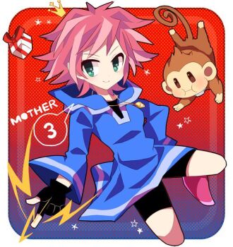 1girl artist_request boots commentary_request dress hood hooded_dress hoodie kumatora looking_at_viewer monkey mother_(series) mother_3 nintendo non-web_source pink_hair salsa_(mother) short_hair shorts simple_background smile solo source_request