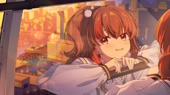 1girl asunaro_(vxsz5k_mamun) brown_eyes brown_hair city cityscape commentary_request commission ferris_wheel heart heart-shaped_pupils highres indie_virtual_youtuber long_hair long_sleeves nagisa_(vtuber) parted_lips puffy_sleeves reflection shirt skeb_commission solo sunset symbol-shaped_pupils upper_body urban virtual_youtuber white_shirt window