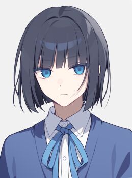 1girl black_hair blue_eyes blue_jacket blue_ribbon closed_mouth collared_shirt commentary_request dress_shirt grey_background hijiri_(resetter) jacket looking_at_viewer neck_ribbon original ribbon shirt short_hair simple_background solo upper_body white_shirt