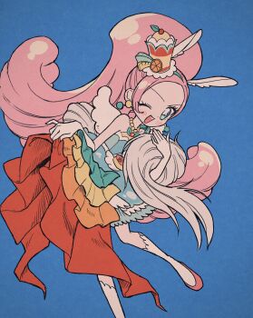 1girl aji_fry animal_ears bare_shoulders berry blue_background blush boots choker commentary_request cure_parfait dress earrings elbow_gloves food food-themed_hair_ornament fruit gloves hair_ornament hatching_(texture) headband highres horse_ears jewelry kirakira_precure_a_la_mode kiwi_(fruit) leaf lemon long_hair magical_girl multicolored_eyes one_eye_closed orange_(fruit) parfait pearl_choker pearl_earrings pink_hair ponytail precure simple_background solo strapless strapless_dress tail white_gloves white_tail white_wings wings