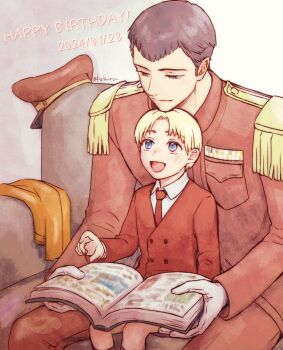 Rule 34 | 2boys, blonde hair, blue eyes, blue hair, book, claude c. kenny, father and son, hat, hokuru, ilia silvestri, male focus, multiple boys, open mouth, ronyx j. kenny, short hair, sitting, smile, star ocean, star ocean: first departure, star ocean: the second story