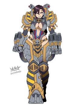 1girl adeptus_astartes ammunition_belt armor bikini_armor black_armor breastplate breasts brown_hair cleavage earrings eyebrow_piercing face_piercing full_armor gauntlets genderswap genderswap_(mtf) gold_trim greaves gun hazard_stripes highres iron_warriors jewelry large_breasts legs_together mechabare navel open_mouth pauldrons perturabo piercing power_armor primarch rivets ryuusei_(mark_ii) scowl short_hair shoulder_armor signature skull solo standing thighhighs tube warhammer_40k weapon white_background