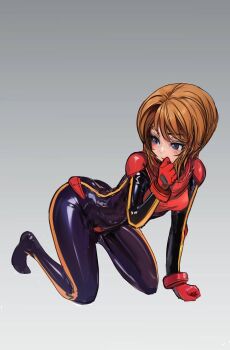 Rule 34 | 1girl, armor, black bodysuit, blue eyes, bodysuit, commentary request, full body, gloves, gradient background, grey background, gundam, gundam zz, highres, huo ji wu, kneeling, latex, latex bodysuit, mecha pilot suit, normal suit (gundam), oekaki, orange hair, puru two, red gloves, short hair, shoulder armor, skin tight, solo