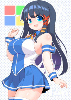 Rule 34 | 1girl, arm warmers, black hair, blue eyes, blue shirt, blue skirt, breasts, commentary request, cowboy shot, detached sleeves, hair ornament, highres, kanoe soushi, large breasts, letter hair ornament, long hair, microsoft windows, os-tan, pleated skirt, polka dot, polka dot background, shirt, skirt, sleeveless, sleeveless shirt, smile, solo, thighhighs, two-tone shirt, white background, windows xp, x hair ornament, xp-tan