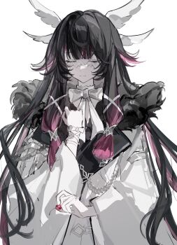1girl alpha_(xhs3802150723) arm_ribbon black_hair bow bowtie cherry chinese_commentary closed_eyes closed_mouth coat columbina_(genshin_impact) commentary_request eye_mask fatui_coat food fruit fur-trimmed_coat fur_trim genshin_impact hair_ribbon hand_up head_wings highres holding holding_food holding_fruit light_smile long_hair low-tied_sidelocks mask multicolored_hair pink_hair pink_streaks ribbon sidelocks simple_background solo streaked_hair two-tone_hair upper_body very_long_hair white_background white_bow white_bowtie white_coat white_wings wings