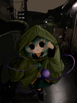 1girl black_boots black_eyes boots bush buttons diamond_button eyeball floral_print frilled_shirt_collar frilled_sleeves frills green_hair green_raincoat green_skirt heripantomorrow hood hood_up house komeiji_koishi lamppost night outdoors rain raincoat rose_print shirt skirt third_eye touhou tree wide_sleeves yellow_shirt